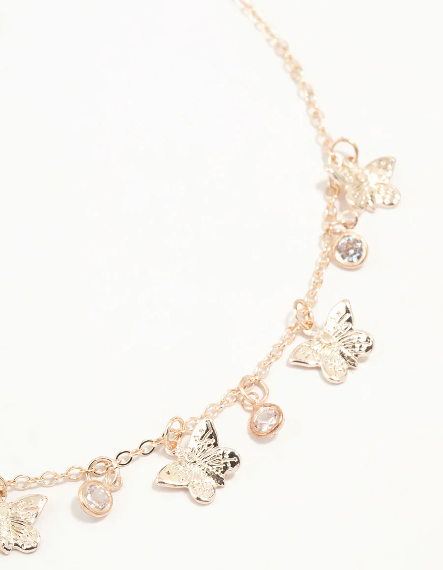 Gold Diamante Butterfly Drop Charm Necklace - Image 2