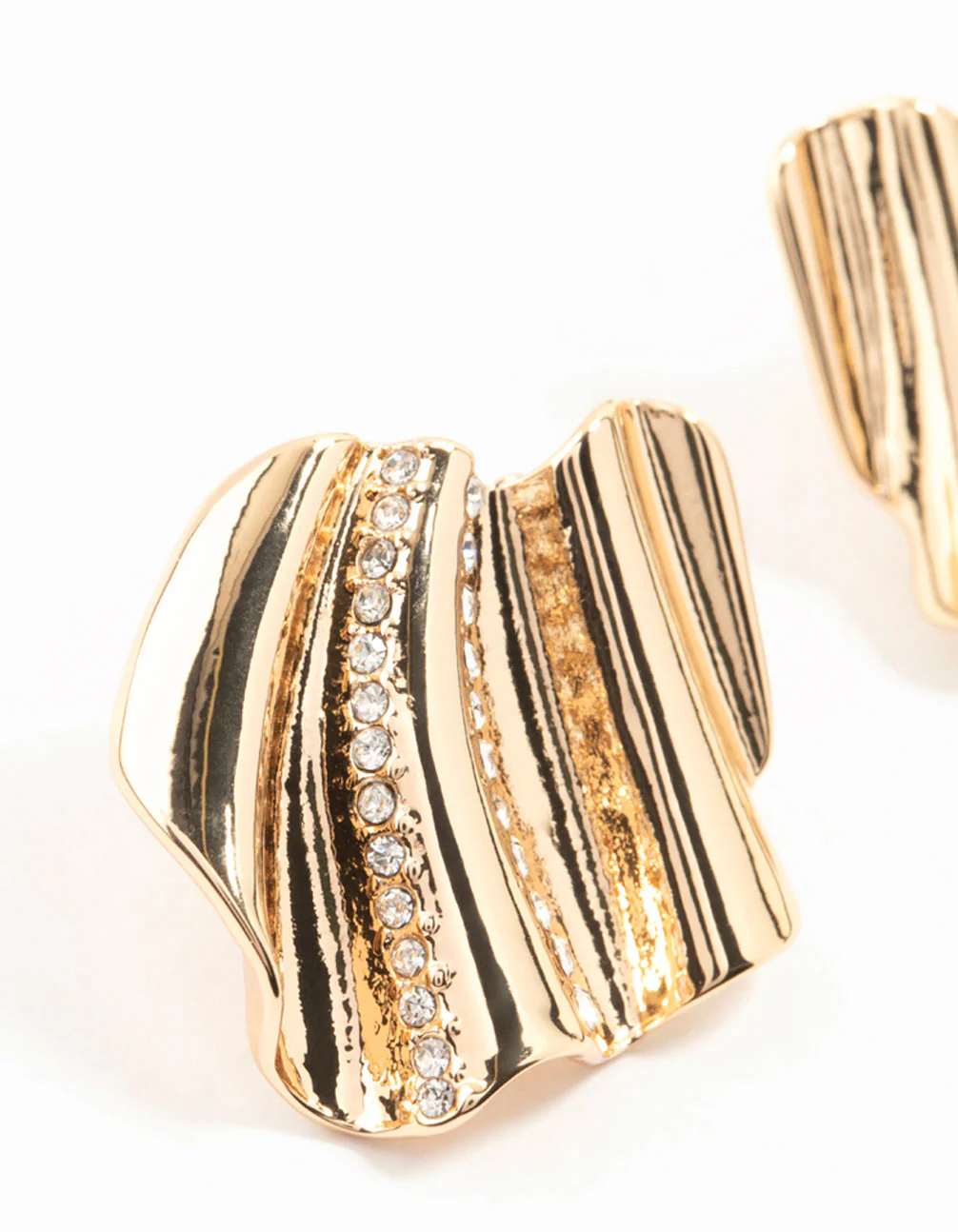 Gold Diamante Crinkle Fan Stud Earrings - Image 2