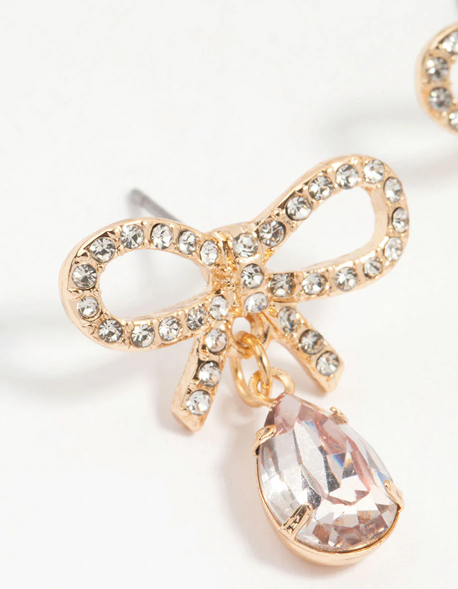 Gold Diamante Dainty Bow Drop Earrings - Image 2