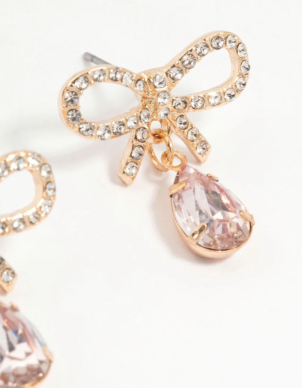 Gold Diamante Dainty Bow Drop Earrings - Image 3