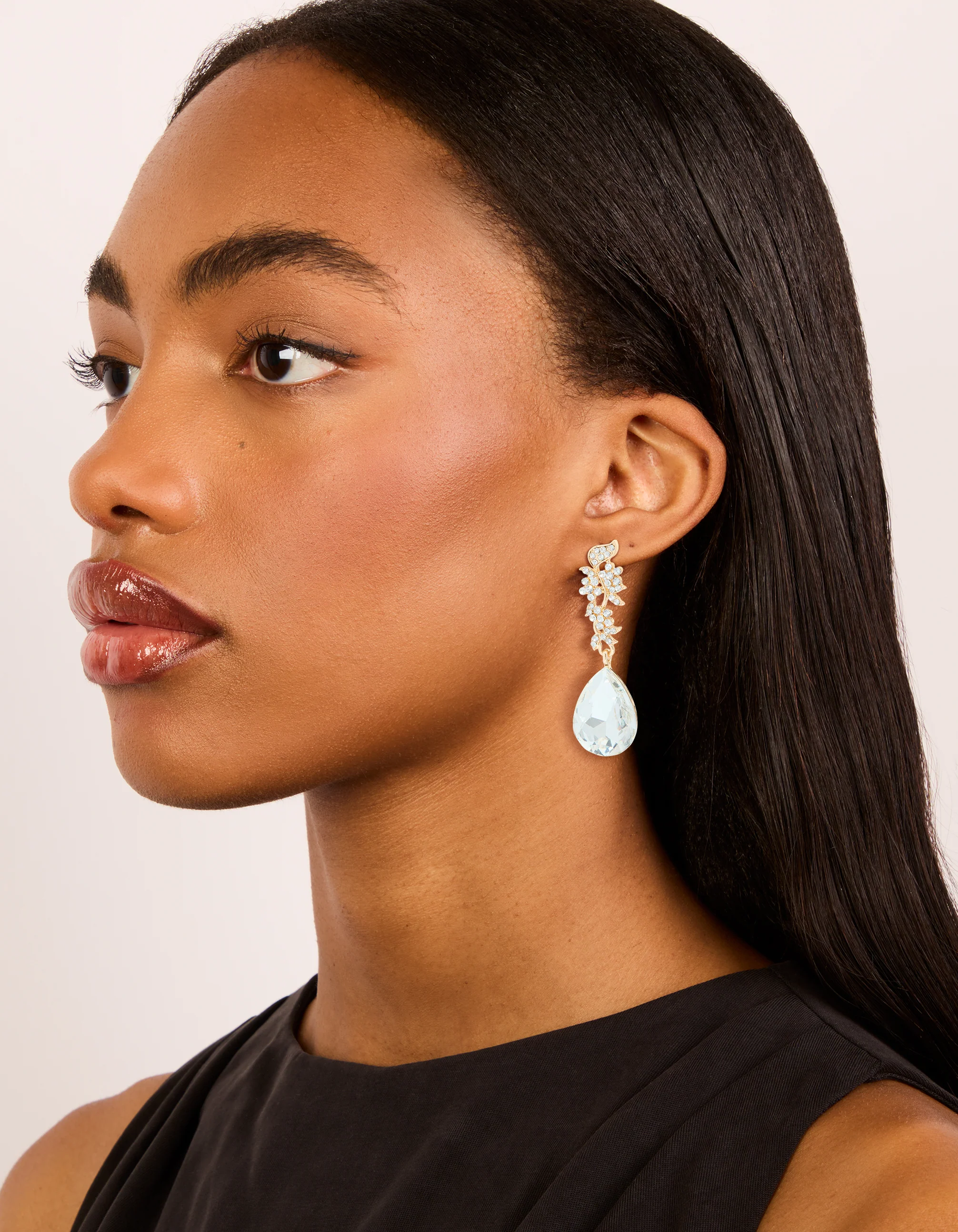 Gold Diamante Flowers & Large Diamante Drop Earrings - Image 3