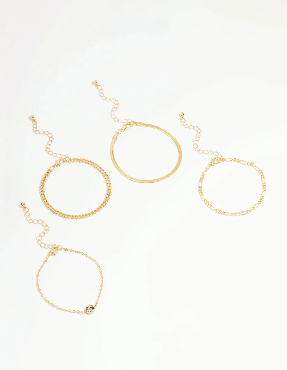 Gold Diamante Mixed Chain Bracelets 4-Pack