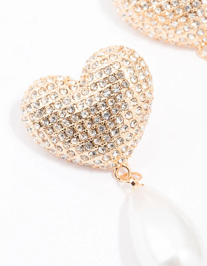Gold Diamante Pearl Heart Drop Earrings - Image 2