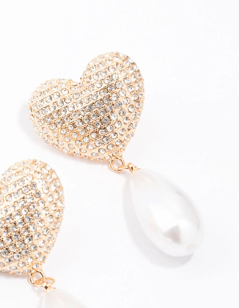 Gold Diamante Pearl Heart Drop Earrings - Image 3