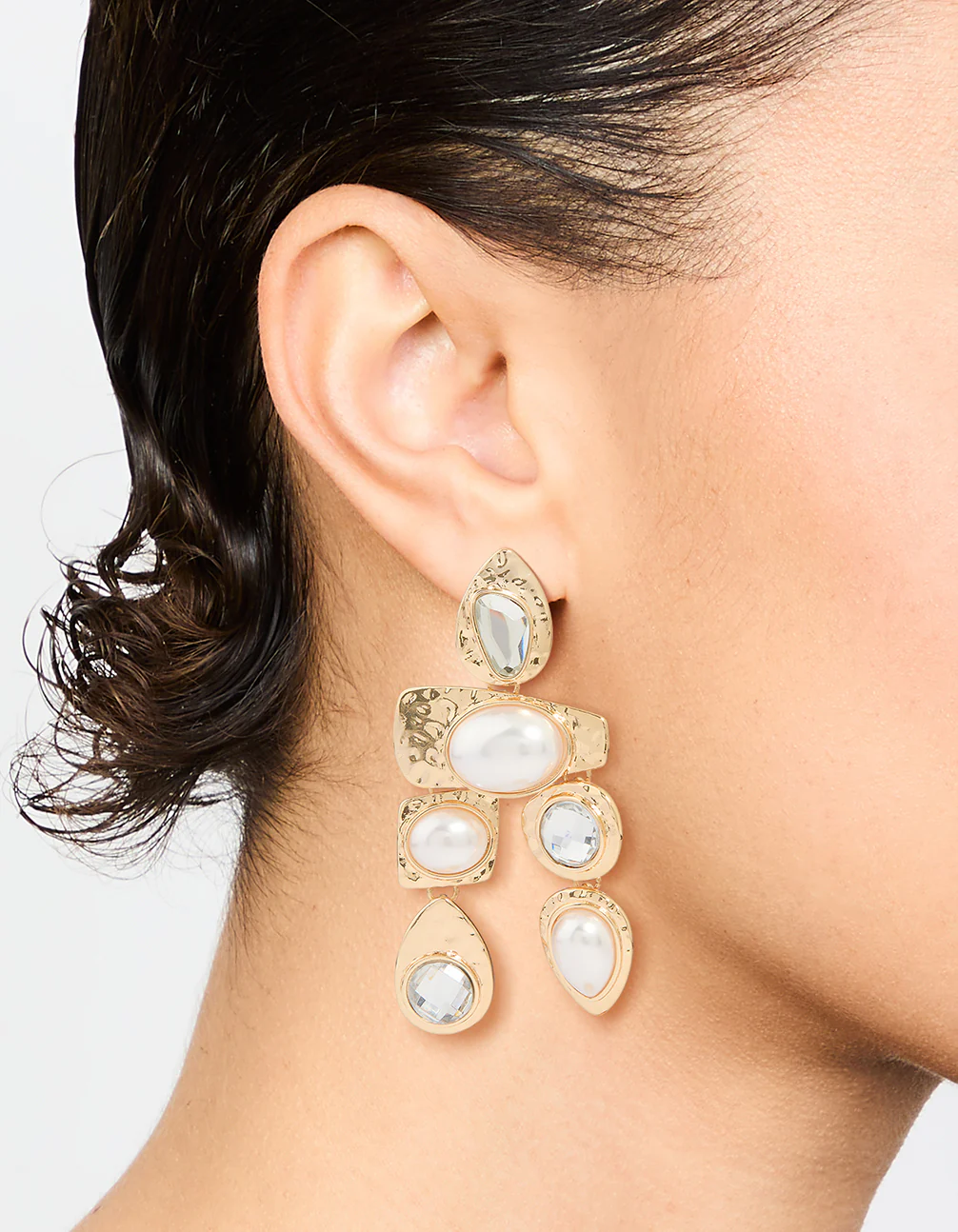 Gold Diamante Pearl Molten Drop Earrings - Image 2