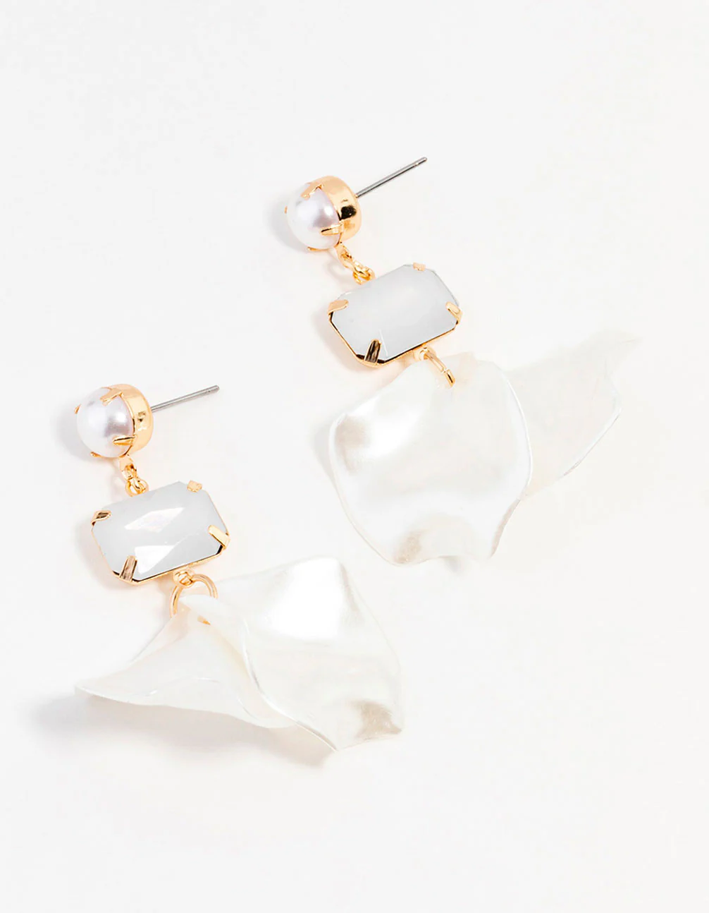 Gold Diamante Pearl Petal Drop Earrings