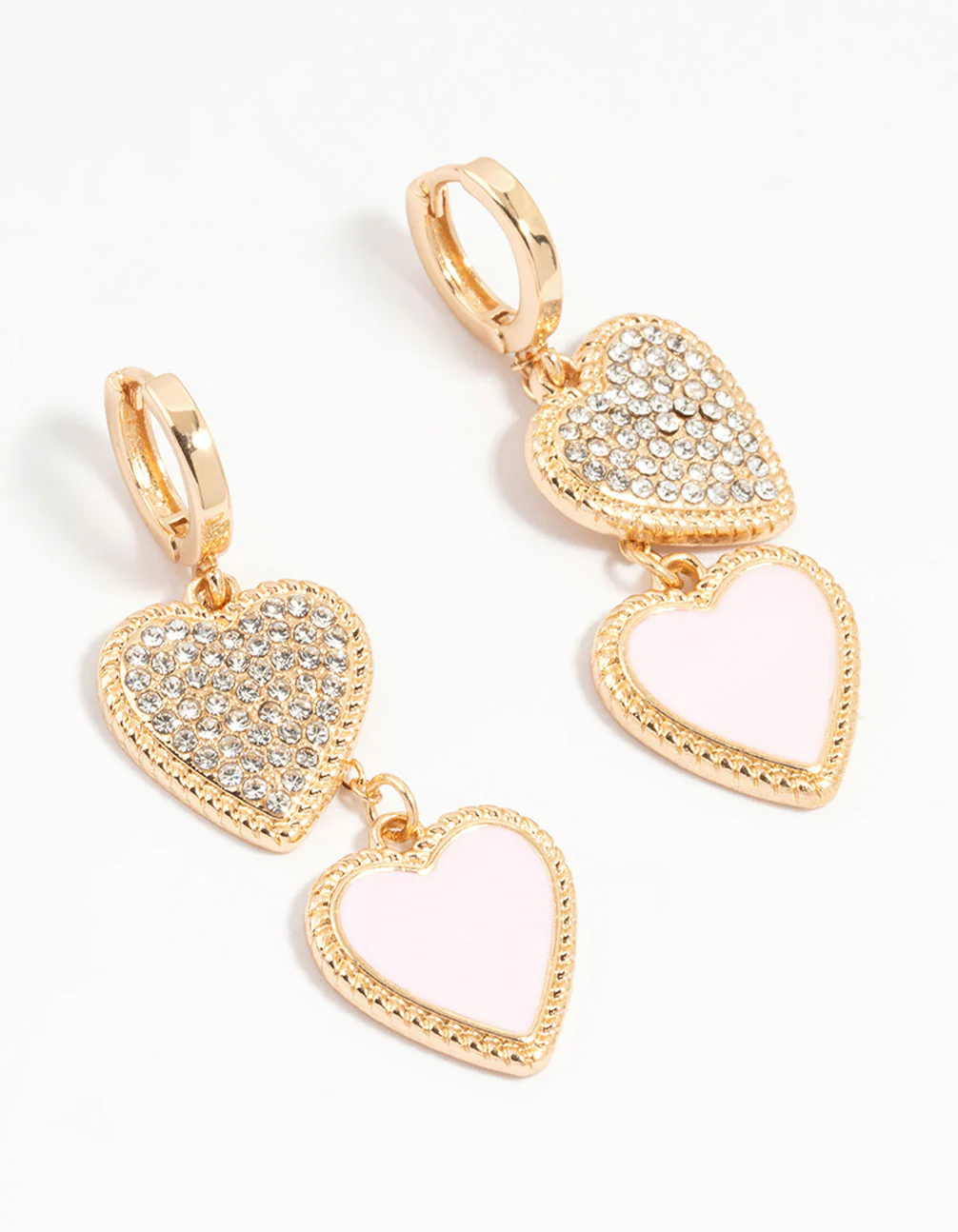 Gold Diamante & Pink Heart Drop Earrings