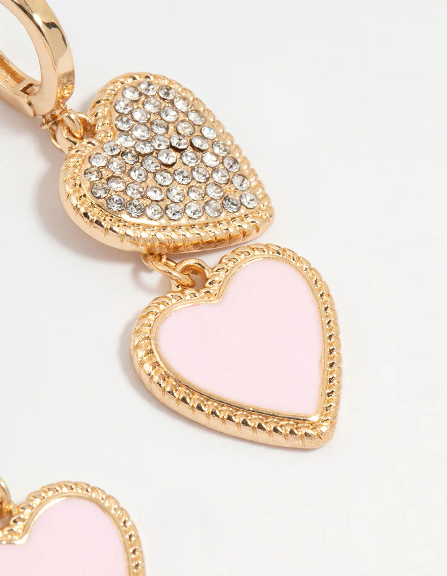Gold Diamante & Pink Heart Drop Earrings - Image 3