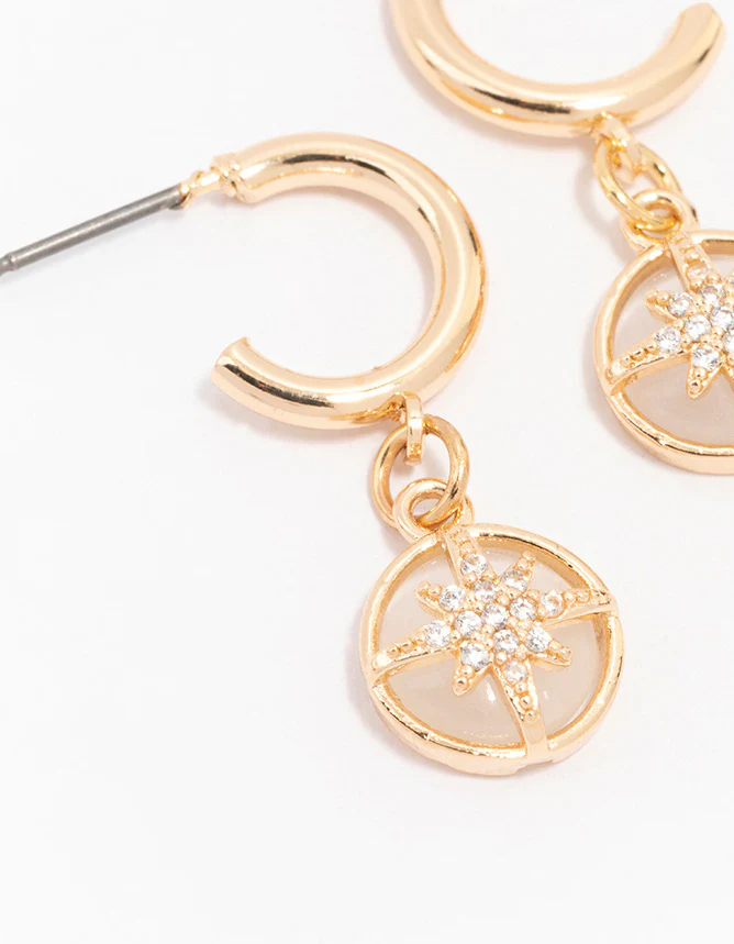 Gold Diamante Round Star Huggie Hoop Earrings - Image 2