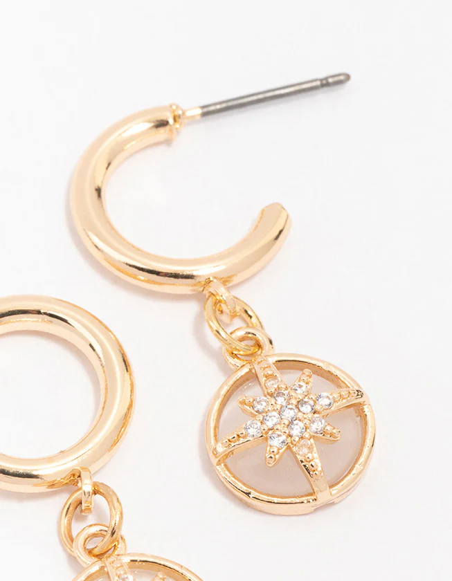 Gold Diamante Round Star Huggie Hoop Earrings - Image 3