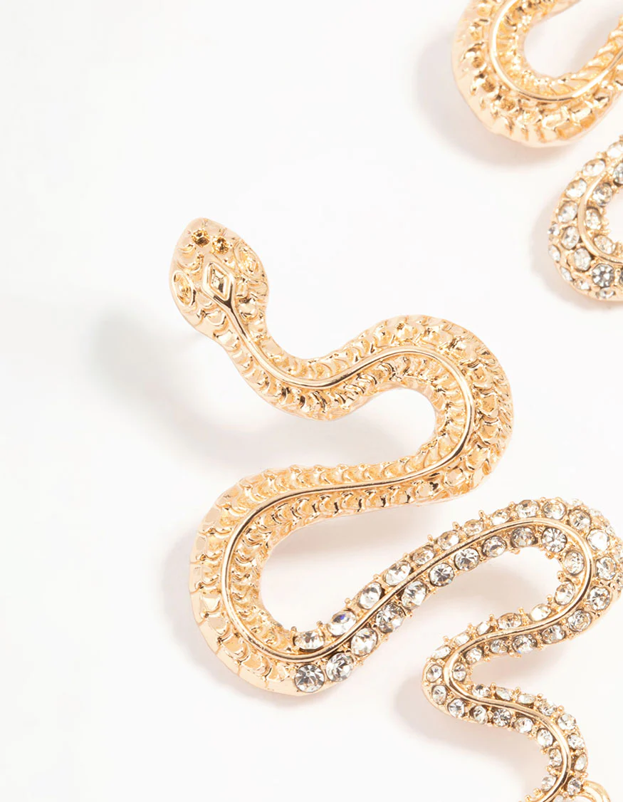 Gold Diamante Snake Drop Earrings - Image 4