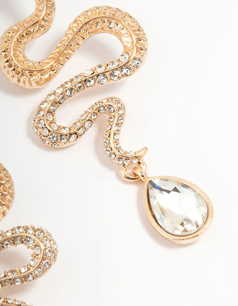 Gold Diamante Snake Drop Earrings - Image 5