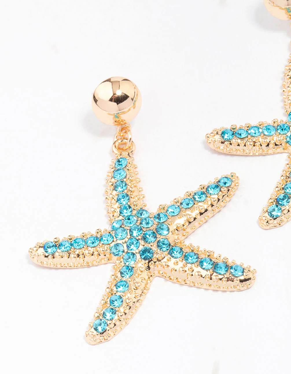 Gold Diamante Starfish Drop Earrings - Image 2