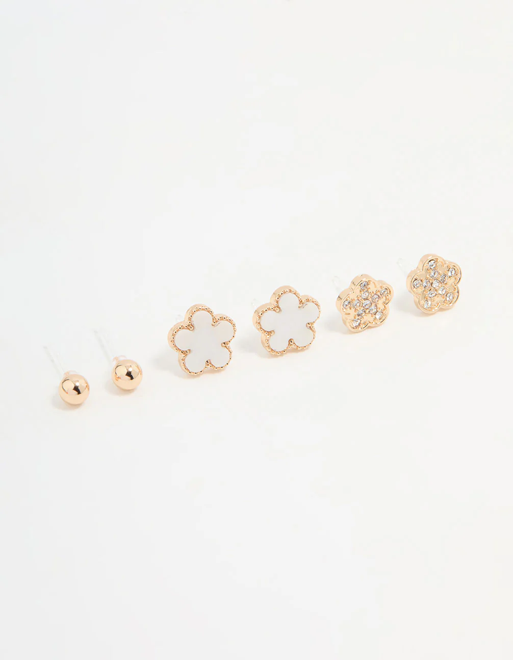 Gold Diamante & White Flower Stud Earrings 3-Pack