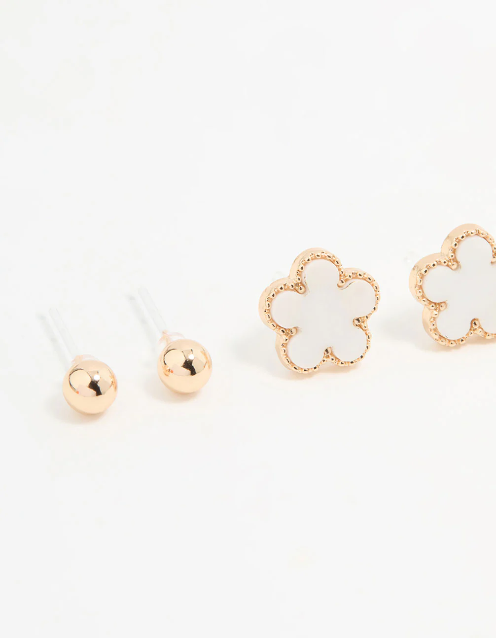 Gold Diamante & White Flower Stud Earrings 3-Pack - Image 4