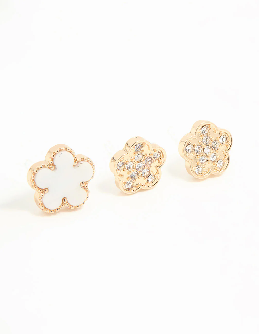Gold Diamante & White Flower Stud Earrings 3-Pack - Image 5