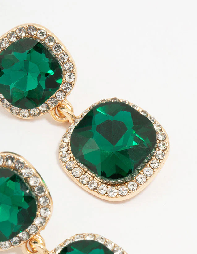 Gold Double Square Emerald Halo Drop Earrings - Image 3