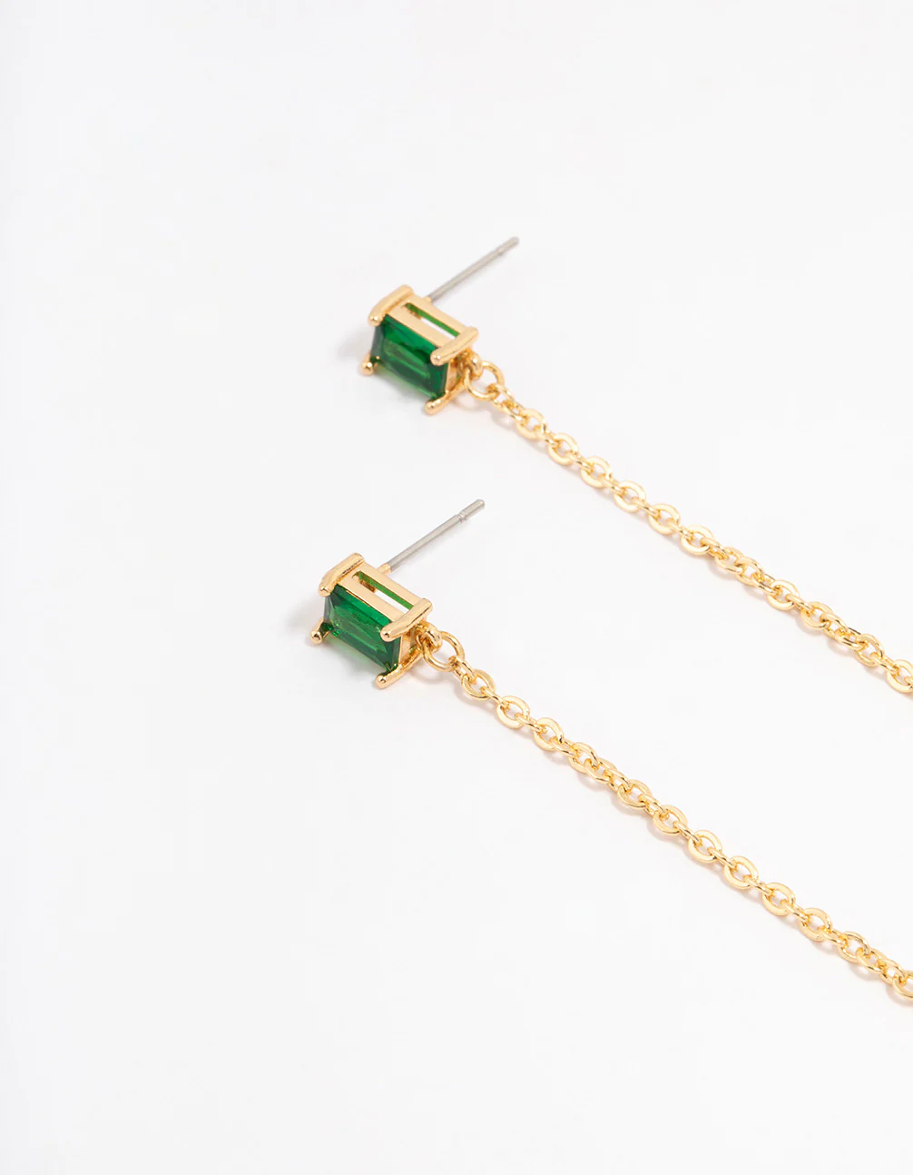 Gold Plated Emerald Baguette Freshwater Pearl Chain Drop Earrings - Image 2