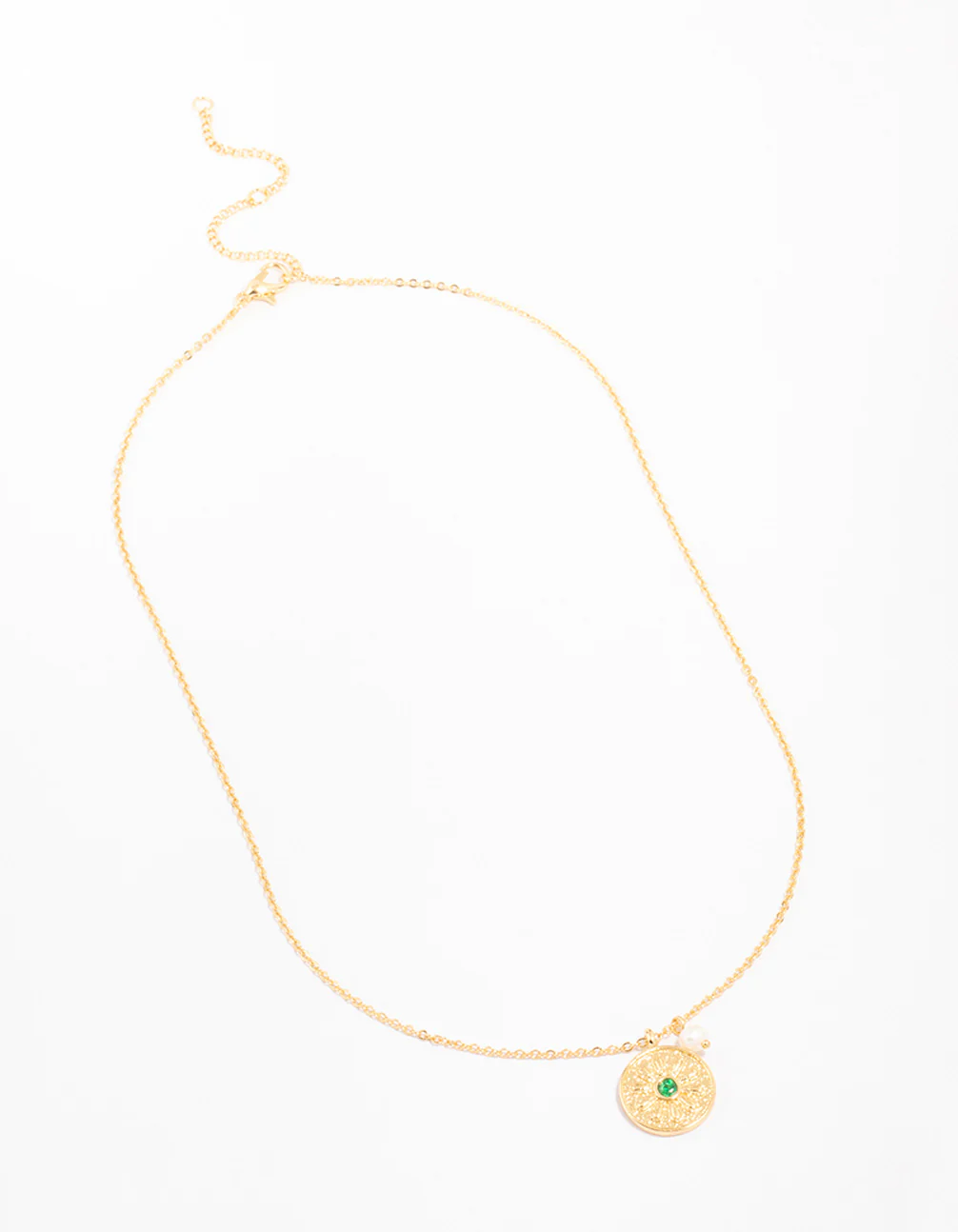 Gold Plated Emerald Coin & Freshwater Pearl Necklace - Image 2
