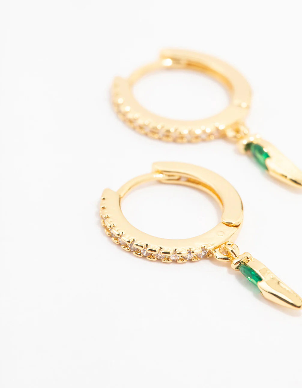 Gold Plated Emerald & Cubic Zirconia Pointed Pear Huggie Earrings - Image 2