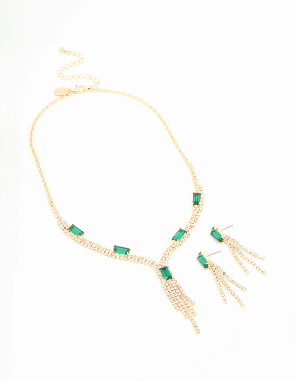 Gold Emerald Diamante Tassel Necklace & Earrings Set - Image 2