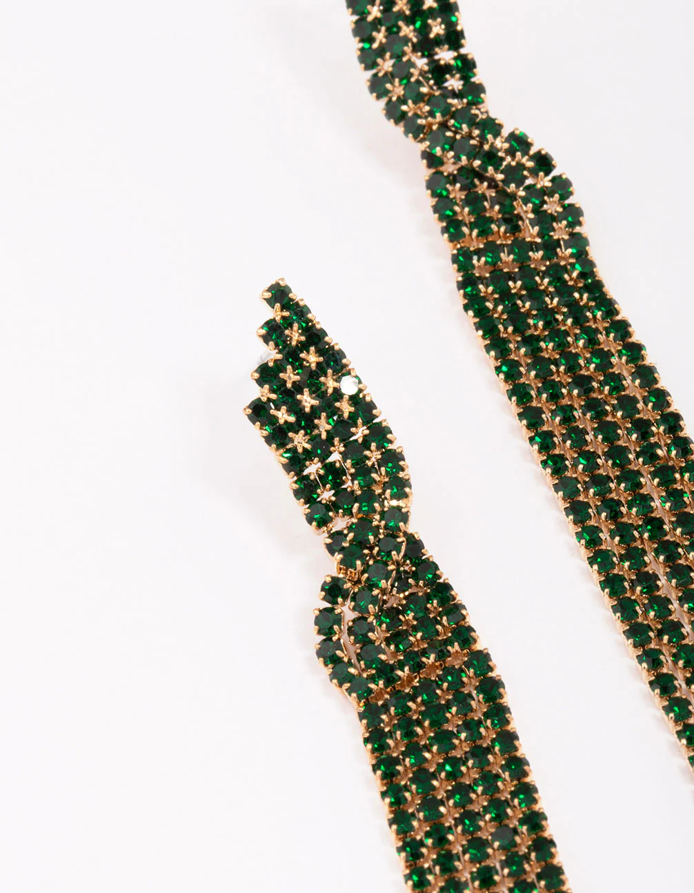 Gold & Emerald Diamante Twisted Drop Earrings - Image 2