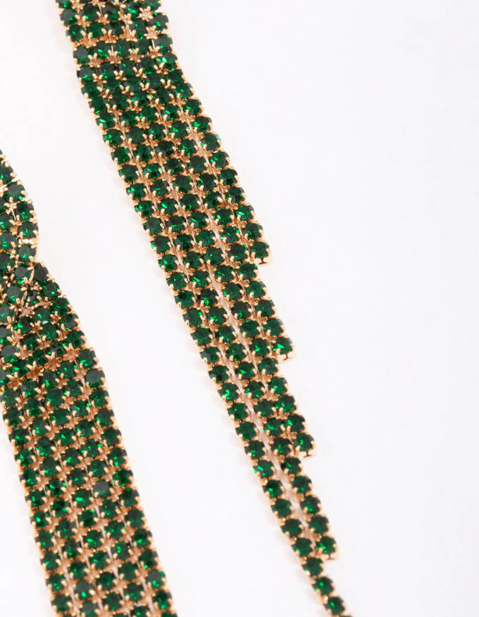 Gold & Emerald Diamante Twisted Drop Earrings - Image 3