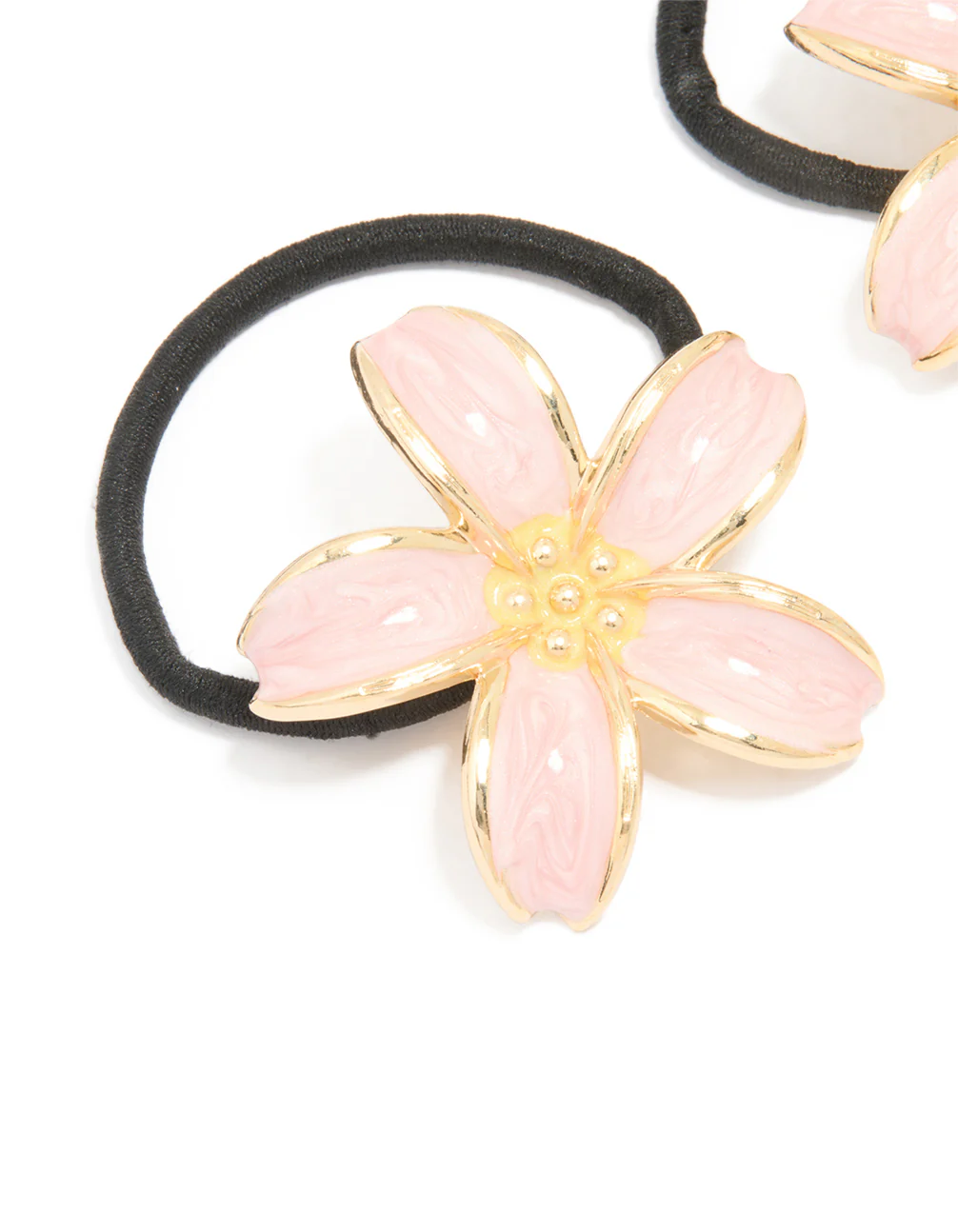 Gold Pink Enamel Flower Hair Ties 2-Pack - Image 2