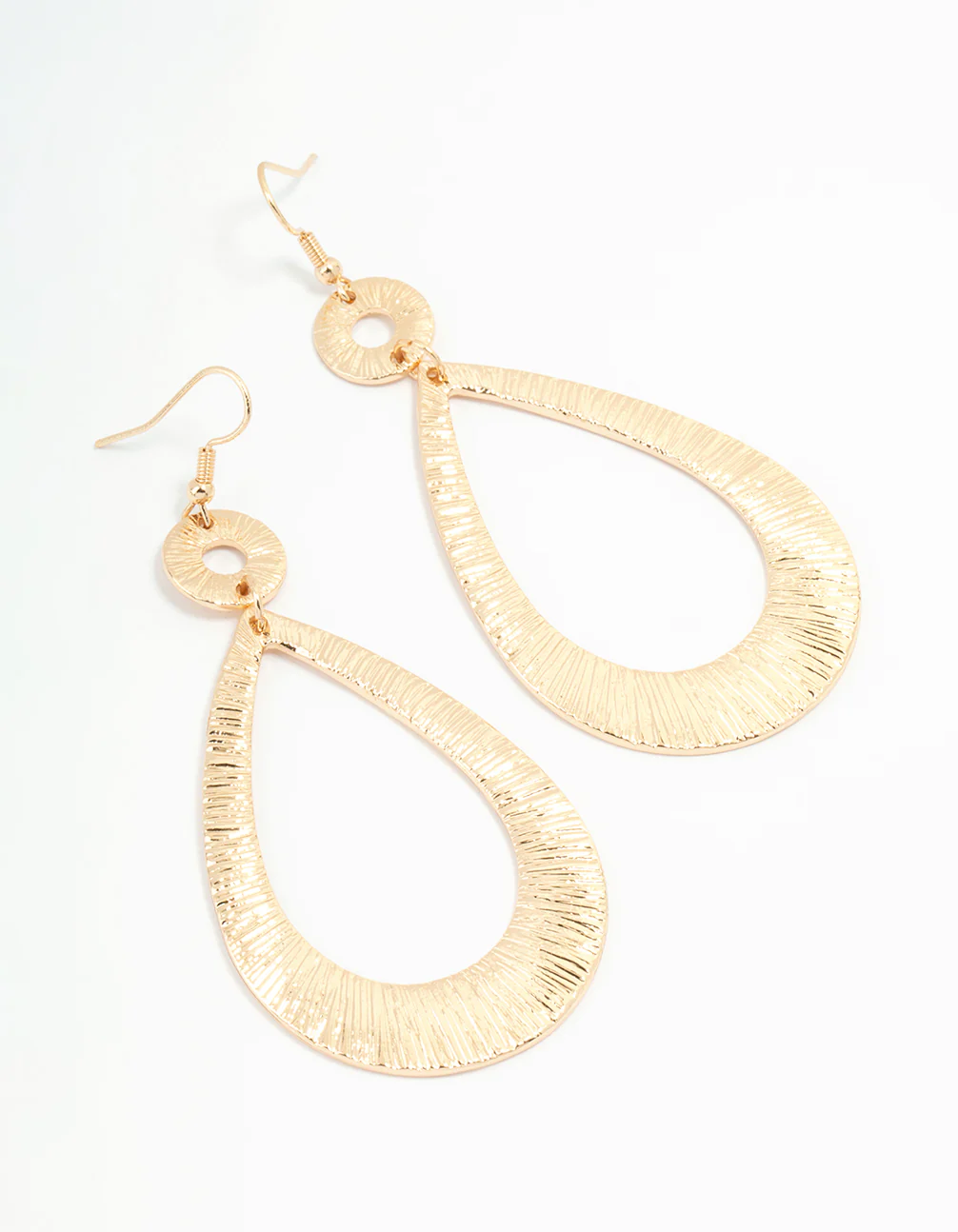 Gold Etched Oval Disc Drop Earrings