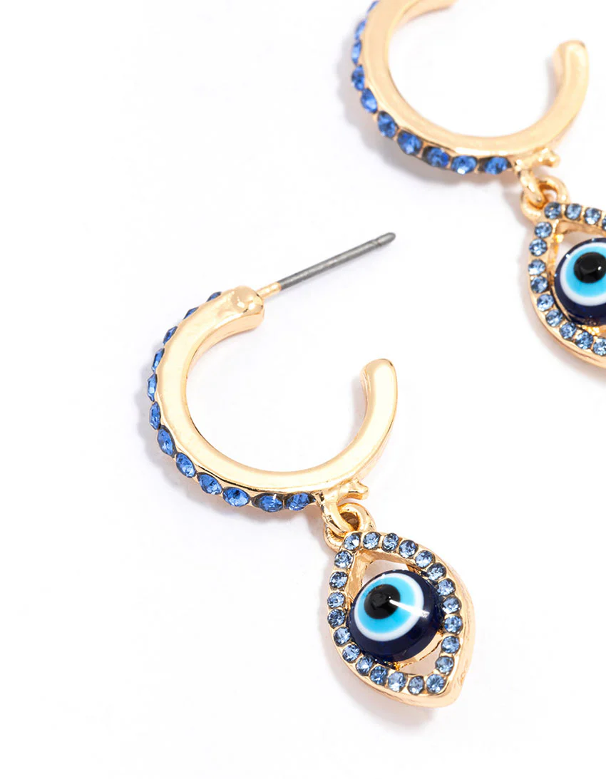Gold Evil Eye Diamante Drop Earrings - Image 2