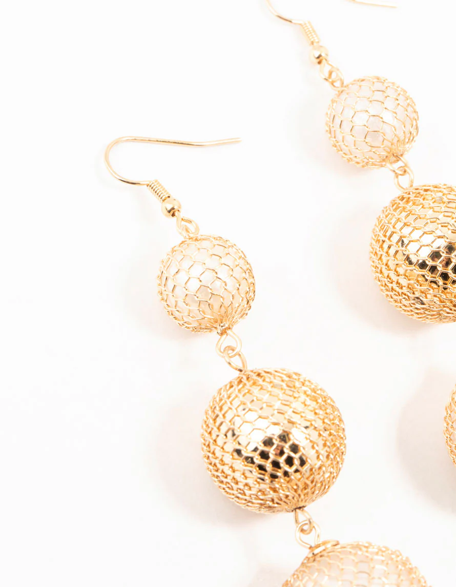 Gold Fishnet Ball Drop Earrings - Image 2