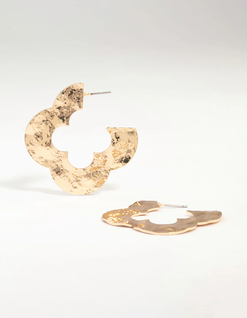 Gold Flat Hammered Flower Hoop Earrings