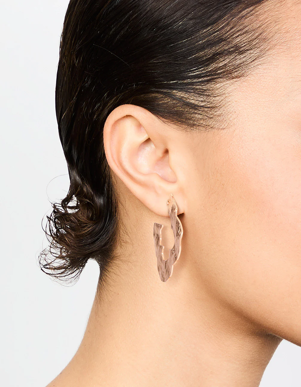 Gold Flat Hammered Flower Hoop Earrings - Image 2