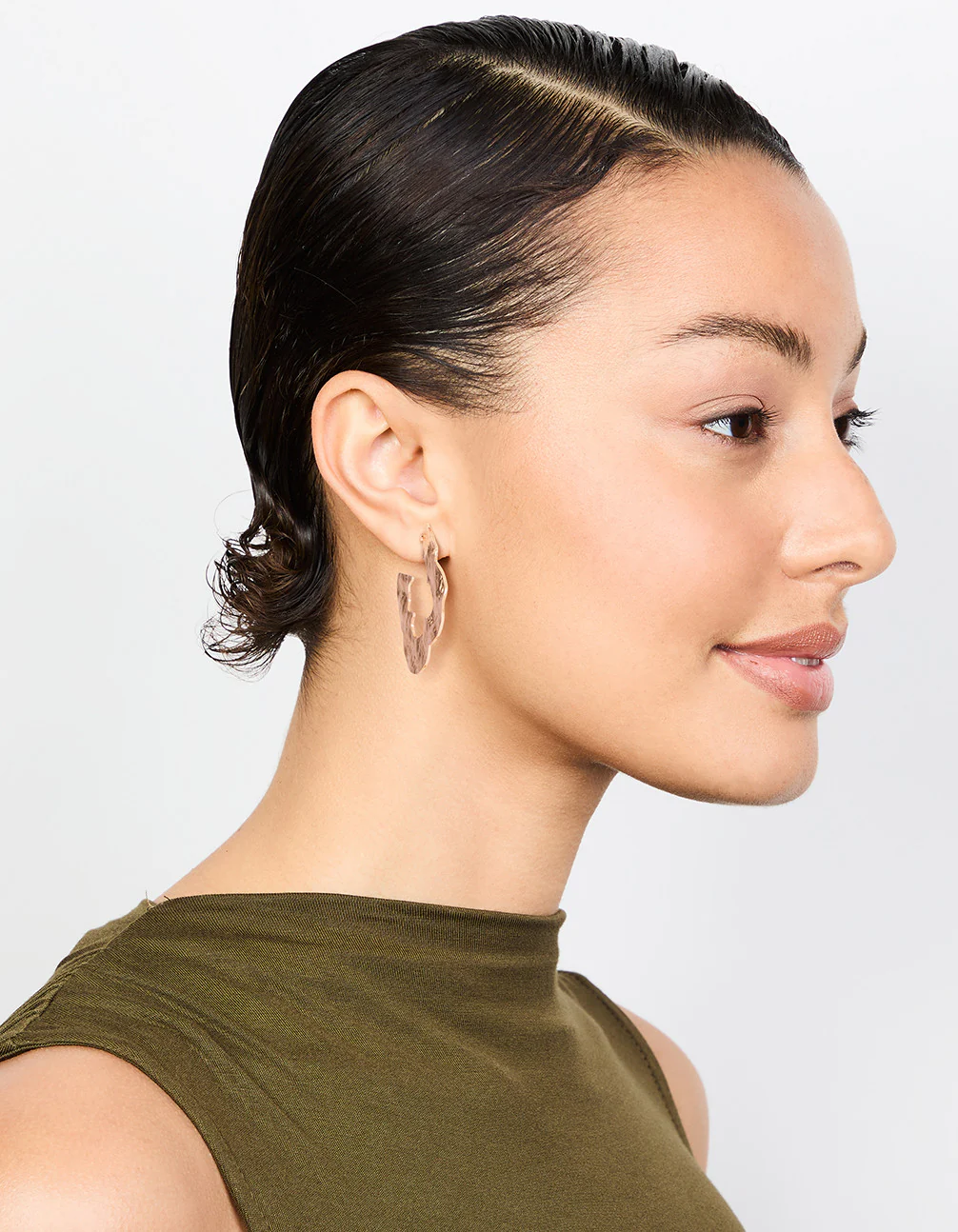 Gold Flat Hammered Flower Hoop Earrings - Image 3