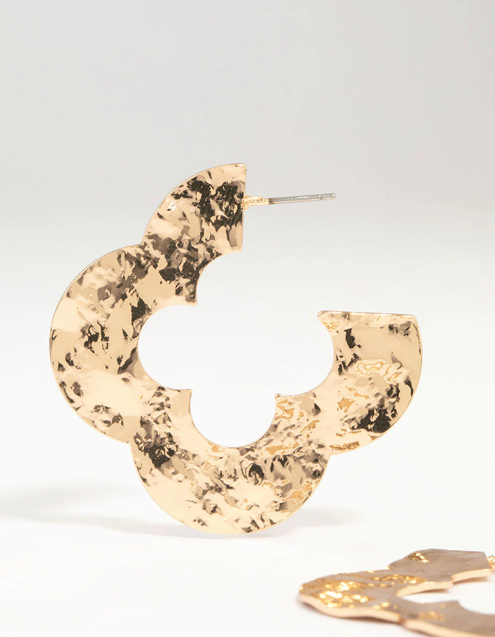 Gold Flat Hammered Flower Hoop Earrings - Image 4