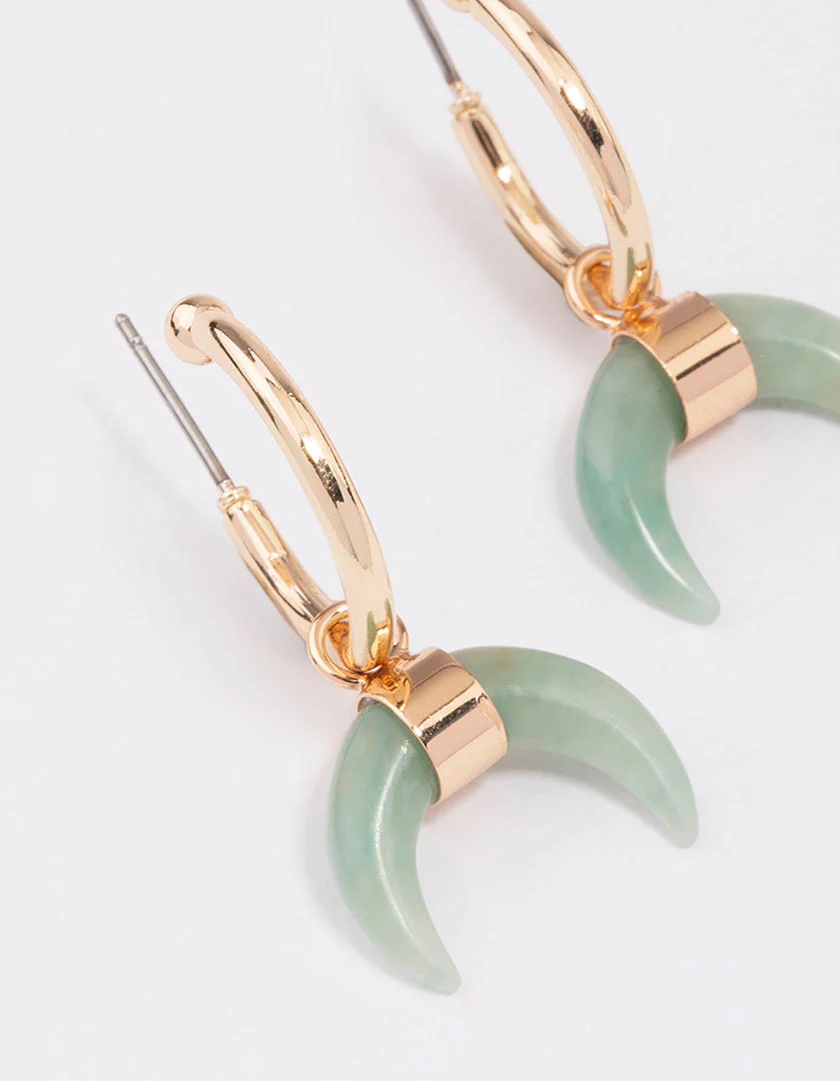 Gold Green Aventurine Horn Hoop Earrings - Image 2