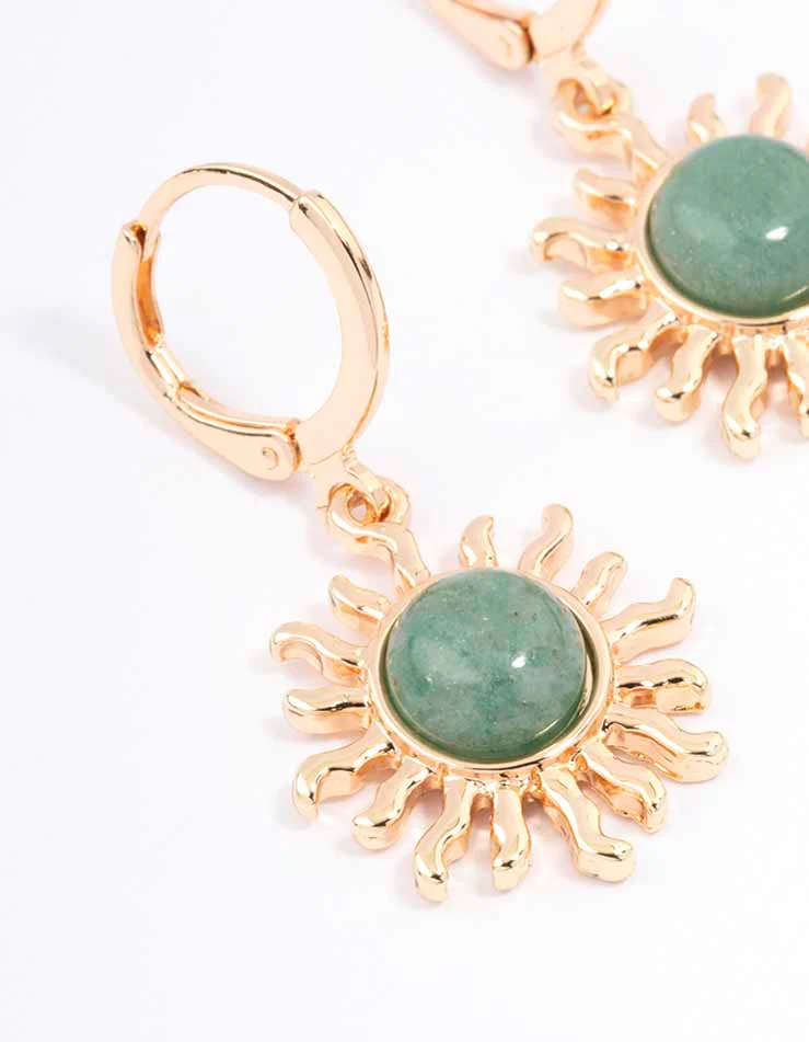 Gold Green Aventurine Sun Huggie Earrings - Image 2