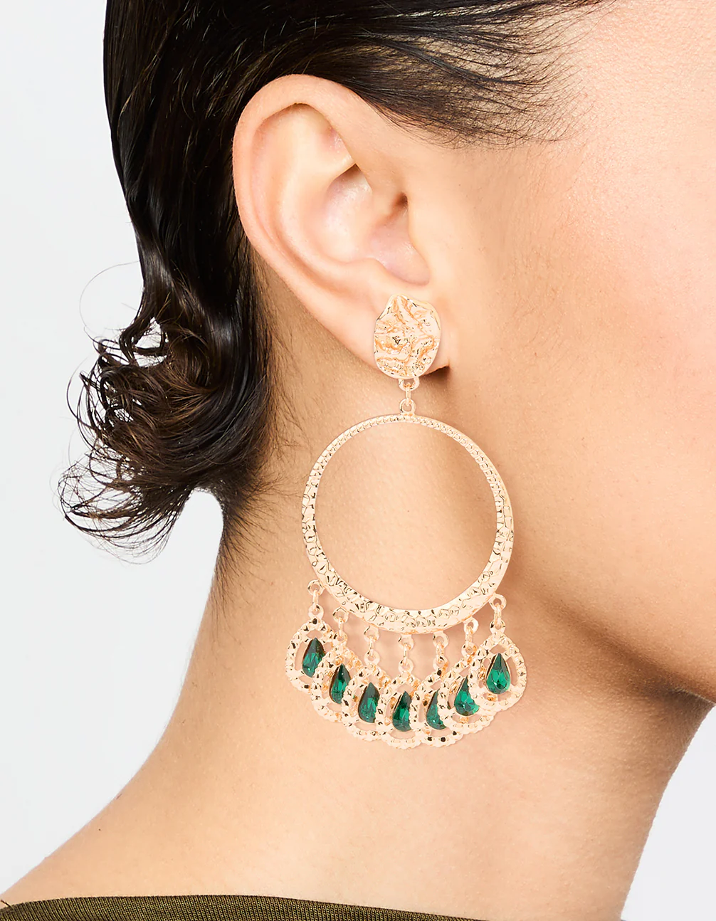 Gold Green Circle Drop Earrings - Image 2