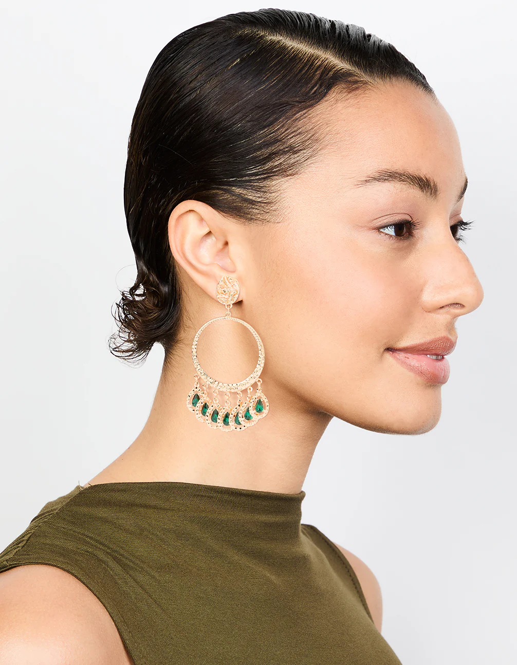 Gold Green Circle Drop Earrings - Image 3