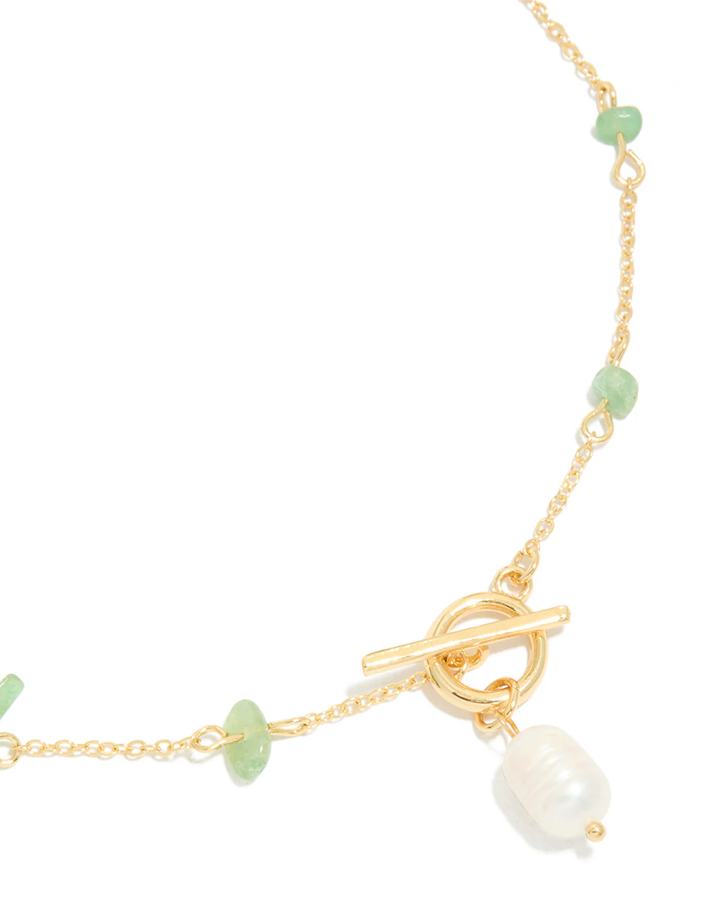 Gold Green Jade Semi Precious Stone Chip & Freshwater Pearl Drop Necklace - Image 2