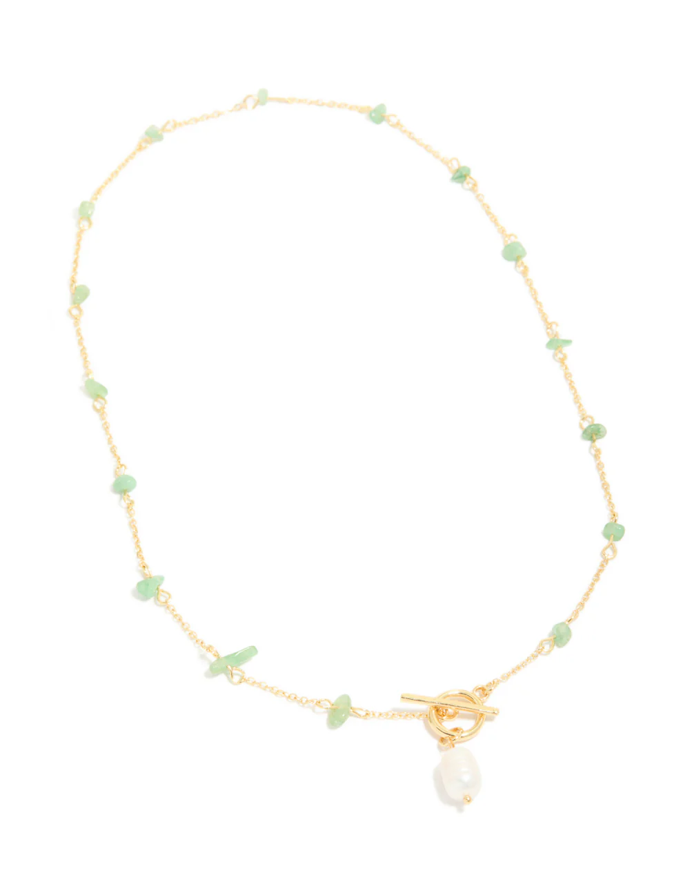 Gold Green Jade Semi Precious Stone Chip & Freshwater Pearl Drop Necklace - Image 4