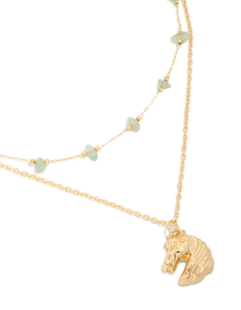 Gold Green Jade Semi Precious Stone Chips & Horse Layered Necklace