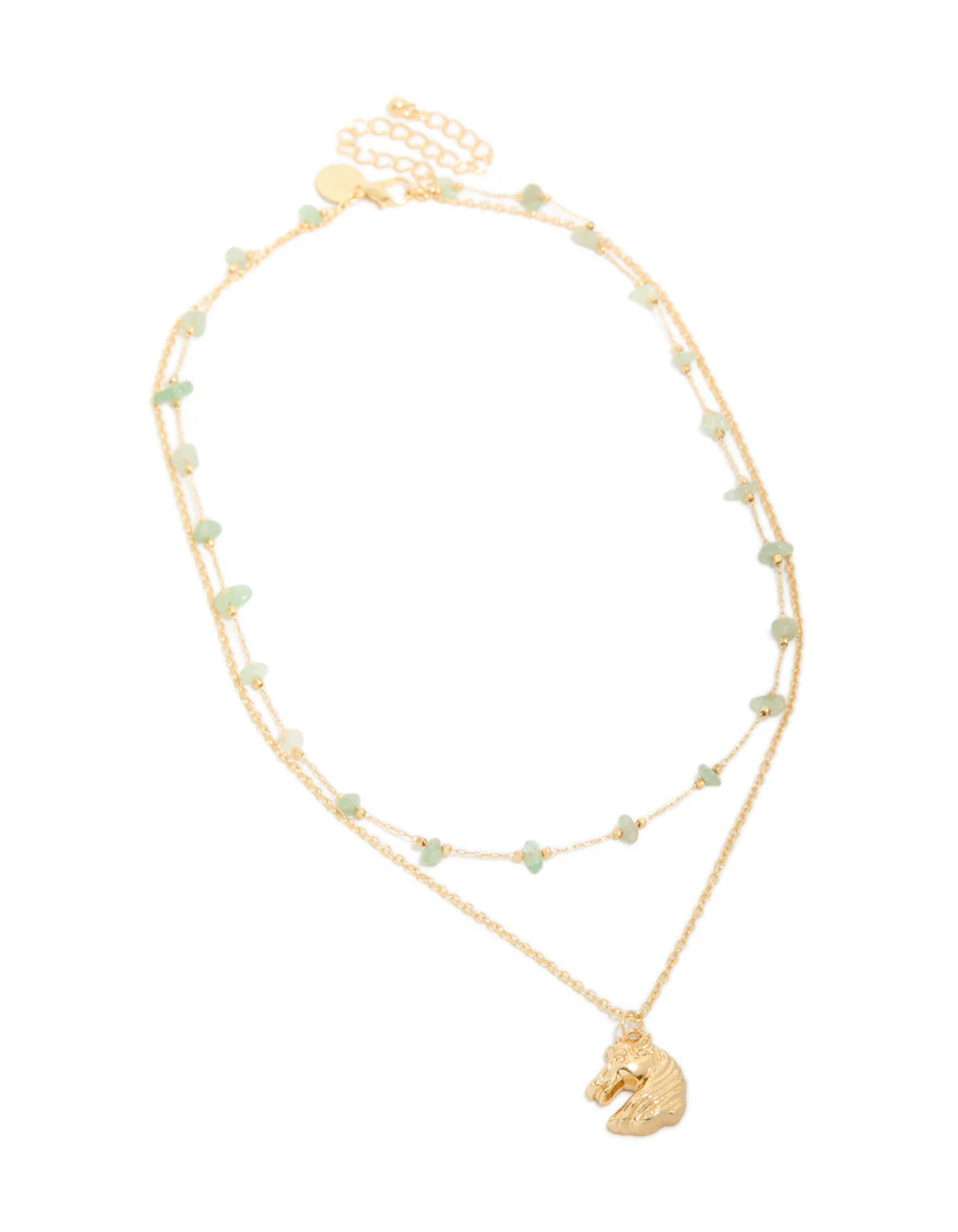 Gold Green Jade Semi Precious Stone Chips & Horse Layered Necklace - Image 2