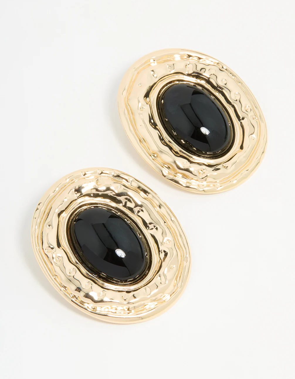 Gold Hammered Black Stone Stud Earrings