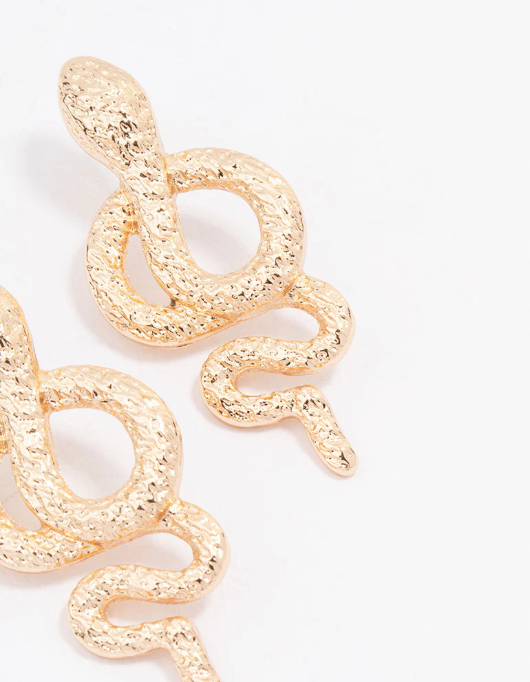 Gold Hammered Twisted Snake Drop Earrings - Image 3