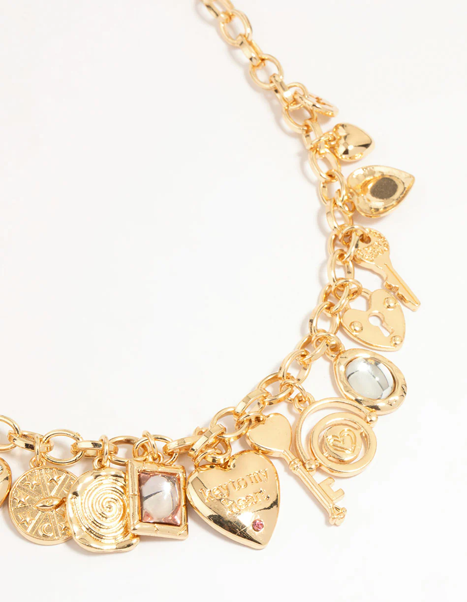 Gold Heart & Key Charm Necklace