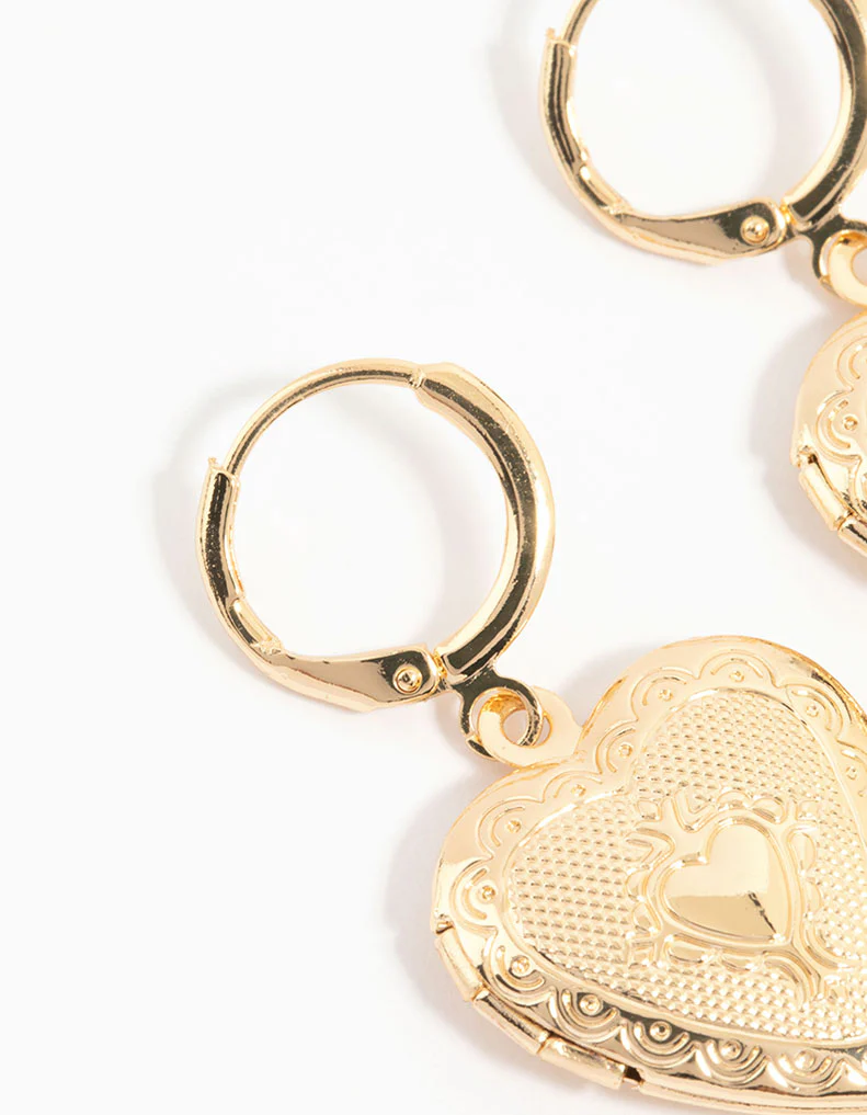 Gold Heart Locket Drop Earrings - Image 2