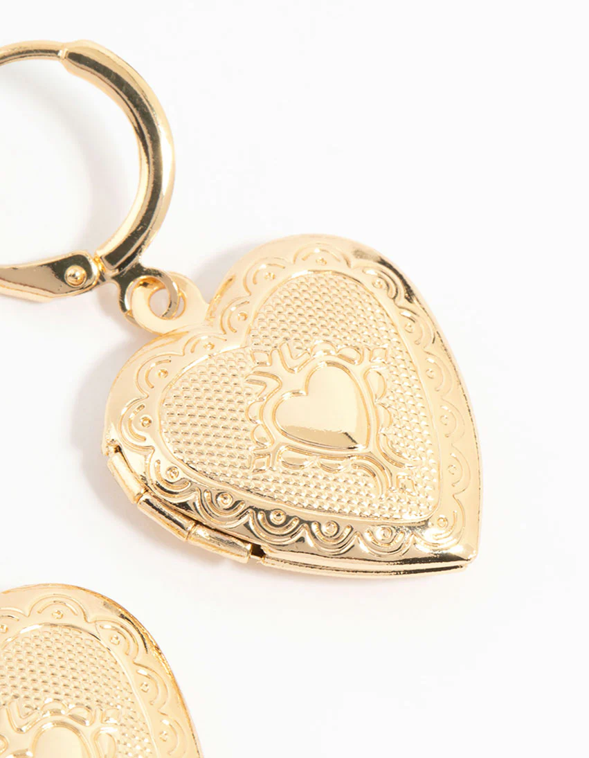Gold Heart Locket Drop Earrings - Image 3