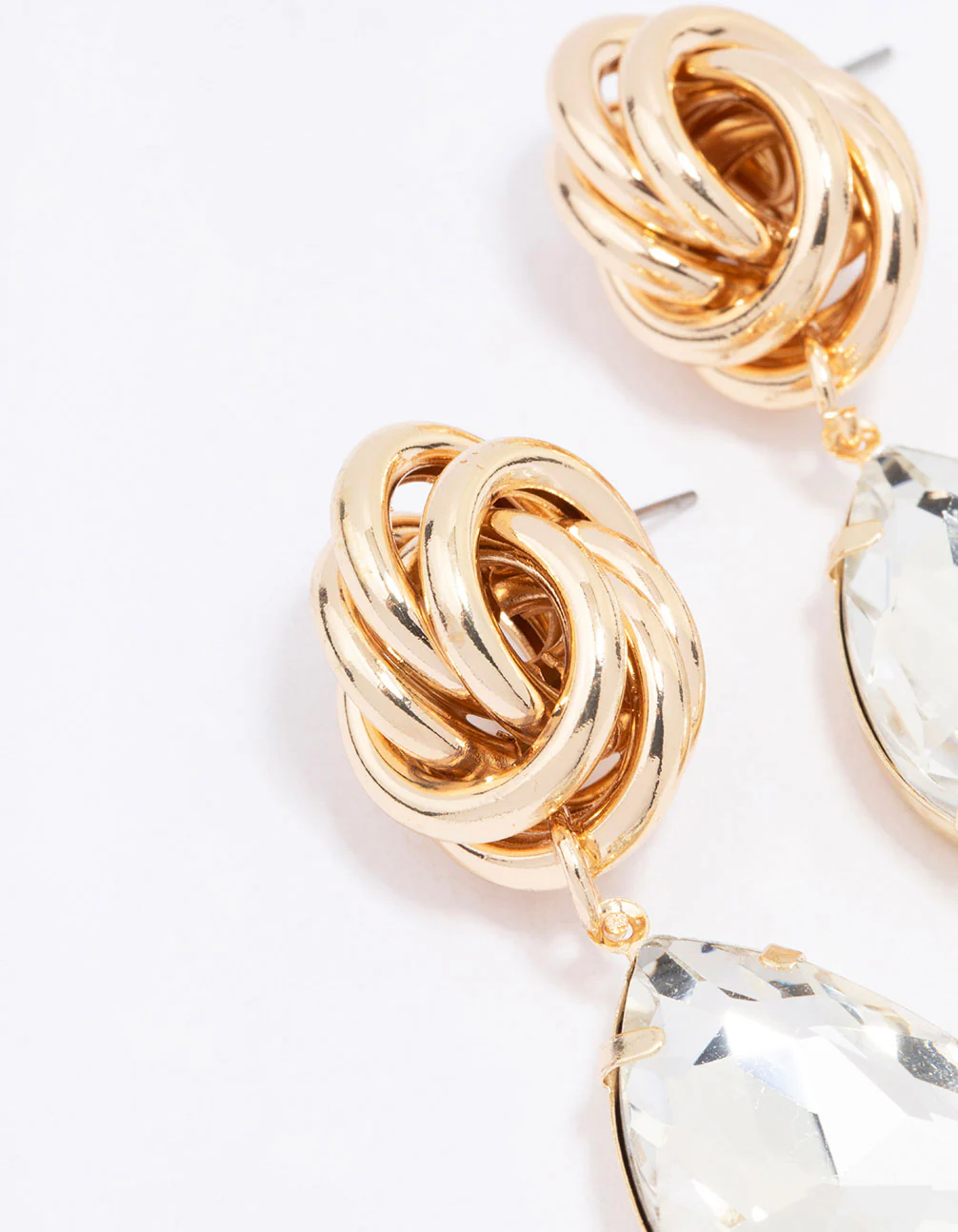 Gold Knotted Large Diamante Drop Earrings - Image 2