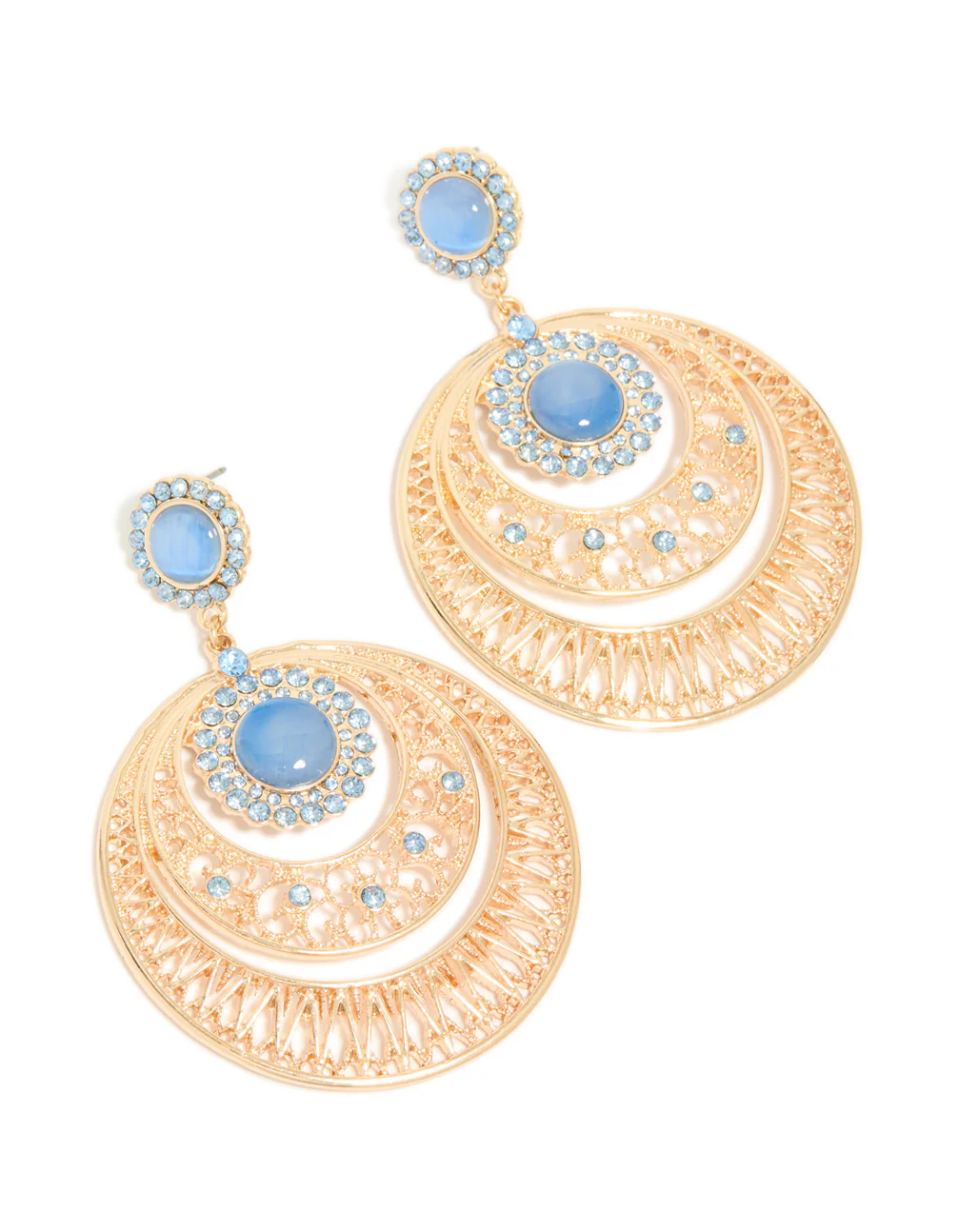 Gold Light Blue Stone & Diamante Detailed Boho Drop Earrings - Image 2